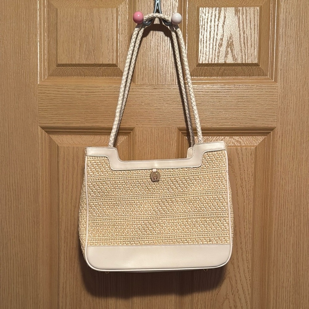 Etienne Aigner Woven Straw & Leather Shoulder Bag - Coastal Chic Designer Tote
